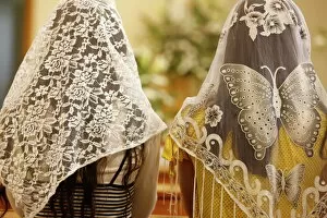 West Bank Collection: Women wearing embroidered veils at Holy Mass, Beit Jala, West Bank, Palestine National Authority