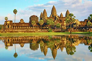 Cambodian Cambodian Cushion Collection: Angkor Wat Temple and reflection in lake in Siem Reap, Cambodia