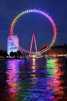 London Eye Metal Print Collection: Rainbow coloured London Millennium Eye illuminated for Gay Pride