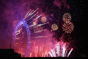 London Eye Metal Print Collection: Spectacular New Years Eve Fireworks and London Eye, London