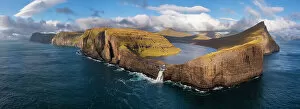 Aerial Views Collection: Aerial and Bosdalafossur waterfall and Sorvagsvatn, Sorvagsvatn, Vagar, Faroe Islands, Denmark
