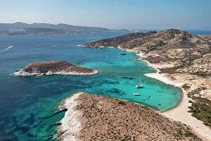 Greece Metal Print Collection: Aerial view of Ano Myrsini Bay in Polyaigos Island, near Milos and Kimolos Island