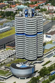 Germany Cushion Collection: Aerial view of the BMW Headquarters or BMW Tower, Munich, Bavaria, Germany