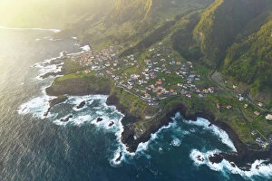 Portugal Greetings Card Collection: Aerial view of the coast of Seixal during a spring sunrise, Madeira, Portugal