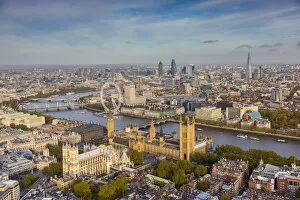 England Pillow Collection: Aerial view from helicopter, Houses of Parliament, River Thames, London, England