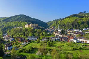 Germany Cushion Collection: Aerial view at Malberg with castle, Kyll valley, Eifel, Rhineland-Palatinate, Germany