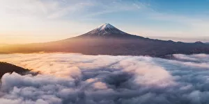 Related Images Collection: Aerial view of Mt Fuji and sea of fog at sunrise, Yamanashi Prefecture, Japan