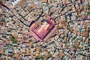 India Metal Print Collection: Aerial view of people celebrating the holy colour festival near the Shri And Baba Temple