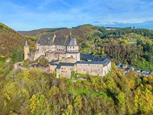 Luxembourg Pillow Collection: Aerial view at Vianden castle, Vianden, canton Vianden, Our valley, Luxembourg