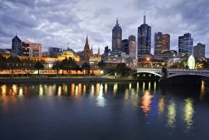 Fine art Collection: Australia, Victoria, Melbourne. Yarra River and city skyline by night