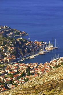 Symi Harbour Collection: Boats In Symi Harbour From Elevated Angle, Symi, Dodecanese, Greek Islands, Greece