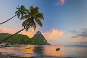 West Indies Collection: Caribbean, St Lucia, Soufriere, Soufriere Bay, Soufriere Beach and Petit Piton (UNESCO