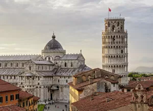 Religious architecture Collection: Cathedral and Leaning Tower at sunset, elevated view, Pisa, Tuscany, Italy