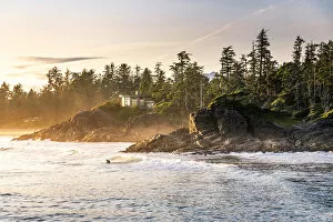 21 Feb 2020 Mounted Print Collection: Cox Bay beach and surfers at sunset, Tofino, British Columbia, Vancouver Island, Canada