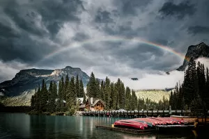 Emerald Lake Collection: Emerald Lake in the Canadian Rockies, British Columbia, Canada. Canoa at sunset