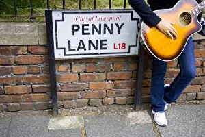 Street art graffiti Cushion Collection: England, Liverpool, Penny Lane, immortalized by Paul McCartney