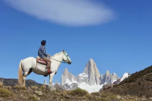 Model Released Collection: A gaucho of the Estancia Bonanza looking at Mount Fitz Roy, El Chalten, Argentina. (MR)
