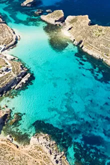 Malta Pillow Collection: Malta, Gozo Region, Comino. Aerial view of the azure coloured waters of the Blue Lagoon