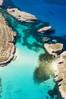Malta Cushion Collection: Malta, Gozo Region, Comino. Aerial view of the azure coloured waters of the Blue Lagoon