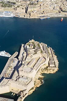 Malta Pillow Collection: Malta, South Eastern Region, Valletta. Aerial view of Fort St. Angelo on Vittoriosa