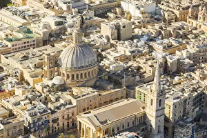Malta Pillow Collection: Malta, South Eastern Region, Valletta. Aerial view of the Carmelite Church and St