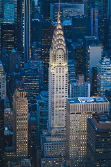 Monuments and landmarks Metal Print Collection: Manhattan, New York City, USA. Aerial view of the Chrysler Building at dusk
