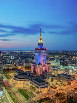 Palaces Collection: Palace of Culture and Science at dusk, elevated view, Warsaw, Masovian Voivodeship, Poland