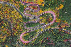 Winding Road Collection: Scenic mountain road, Izu National Park, Honshu, Japan. Aerial view