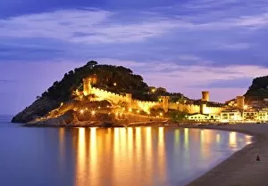 Barcelona Pillow Collection: Spain, Catalonia, Costa Brava, Tossa de Mar, Overview of bay and castle at dusk (MR)