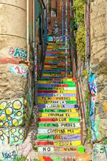 Chilean Collection: Staircase at Pasaje Galvez painted with colors and lyrics of song named Latinoamerica by Puerto