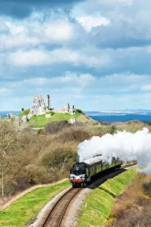 Railway Posters Greetings Card Collection: Steam train on the Swanage Railway, Corfe Castle, Dorset, England, UK