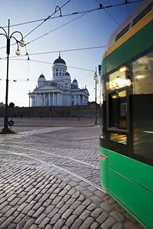 Helsinki Premium Framed Print Collection: Tram passing in front of Lutheran Cathedral in Senate Square, Helsinki, Finland
