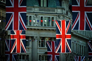 Copson Collection: UK. London. Regent Street. Union Jack decorations for Royal Wedding