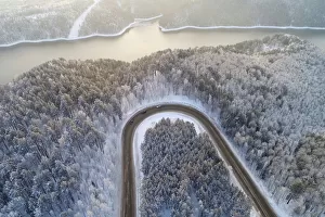 Russia Photographic Print Collection: An aerial view shows a road on the banks of the Yenisei River, outside city of Krasnoyarsk