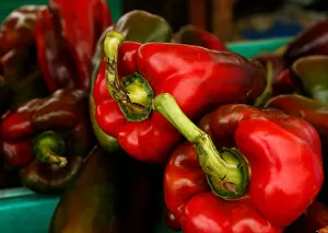 Food Industry Collection: Red peppers are displayed on a vendors stand at the Farmers Market in Ta Qali