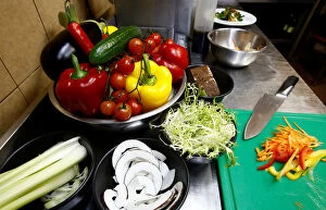 Belarus Greetings Card Collection: Vegetables are seen in vegetarian restaurant Green Cuisine in Minsk