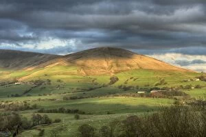 Countryside Collection: View across farmland towards fell, Parlick Fell, Forest of Bowland, Lancashire, England, November