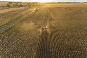 Combine Harvester Collection: Aerial view of combine harvesting corn field at sunset, Marion County, Illinois