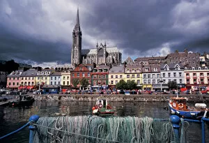David Barnes Collection: Ireland, County Cork, Cobh. Harbor view and St. Colmans church