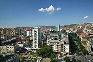 Kosovo Framed Print Collection: KOSOVO, Prishtina. Downtown aerial view looking north on Boulevard Mother Teresa