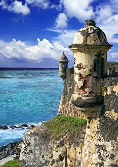 Related Images Framed Print Collection: Puerto Rico, San Juan, Fort San Felipe del Morro, Watch towers and ocean