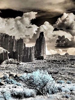 Related Images Collection: USA, Utah. Infrared of Fisher Towers with large clouds