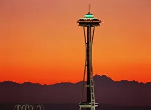 Space Needle Mouse Mat Collection: USA, Washington, Seattle, Space needle and Olympic Mountains at dusk