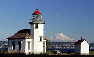 Lighthouses Fine Art Print Collection: USA, Washington, Vashon Island. Point Robinson lighthouse, built 1915, and Mt. Rainier