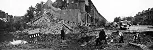 Fire Brigade Pillow Collection: Bomb damage and crater, Petherton Road, London, WW2