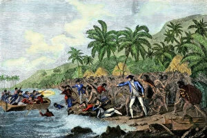 James Bayes Pillow Collection: Captain Cook killed by Hawaiian natives, 1779