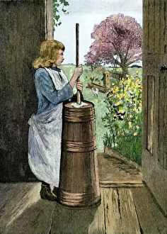 Colonial America illustrations Framed Print Collection: Churning milk to make butter
