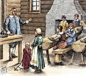 Public School Collection: Colonial classroom in New England, 1600s
