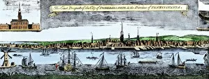 Colonial America illustrations Framed Print Collection: Delaware River waterfront of Philadelphia, 1750s