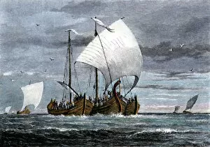 Viking ships Collection: Fleet of Viking raiders in the Middle Ages